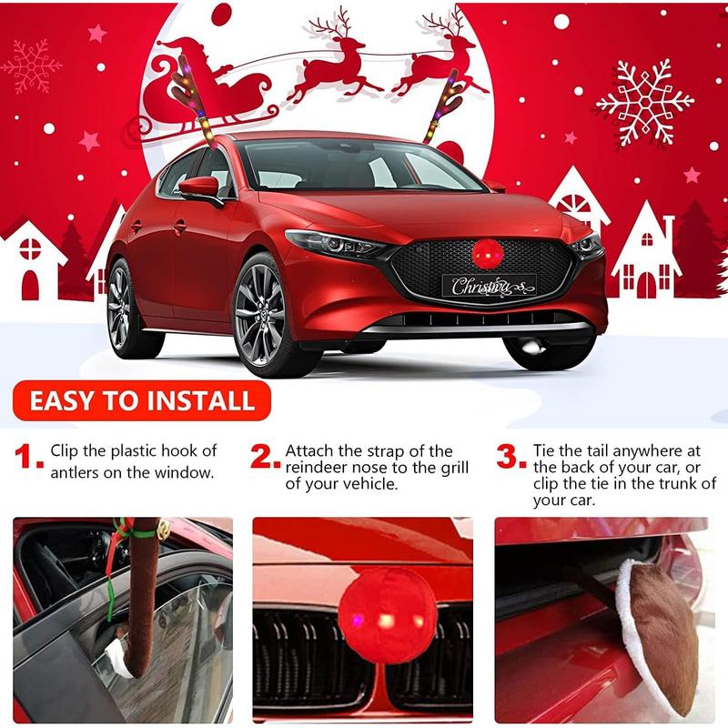 Christmas Car Reindeer Antlers Decoration Kit with LED Lights, Vehicle Xmas Decorations Auto Decoration Reindeer Kit with Jingle Bells Rudolph Reindeer, Red Nose, Tail Suitable for Any Cars