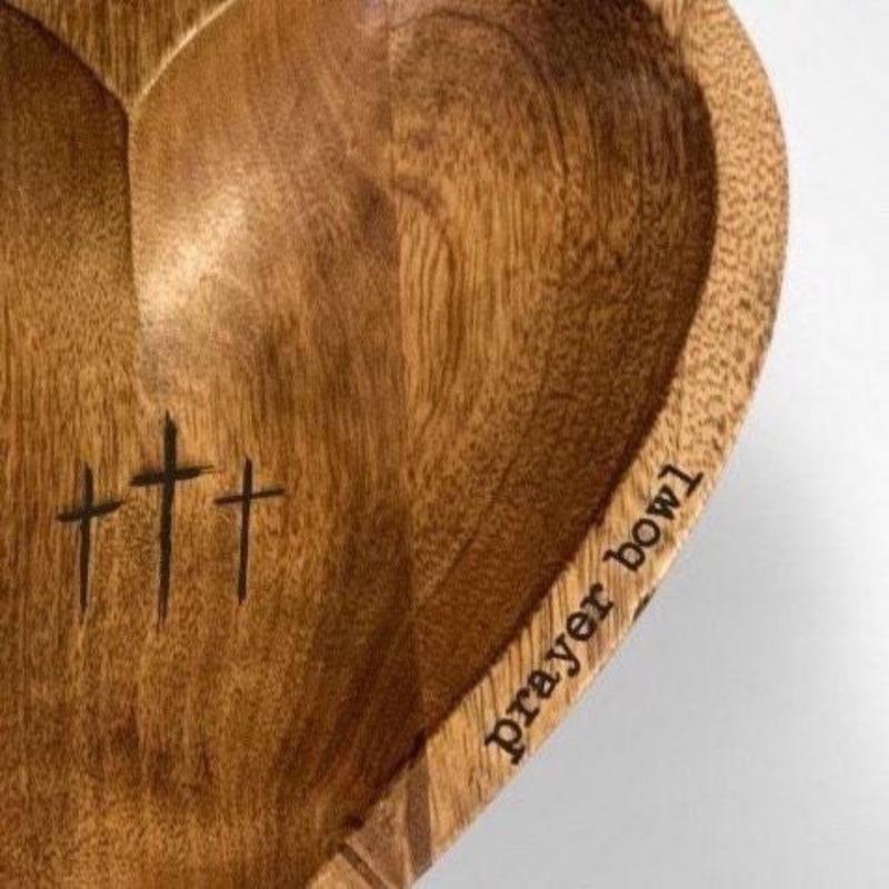 Wooden Prayer Bowl, 1 Count Vintage Heart Shaped Prayer Bowl with Cross & Letter Pattern, Religious Decoration for Home Living Room Bedroom