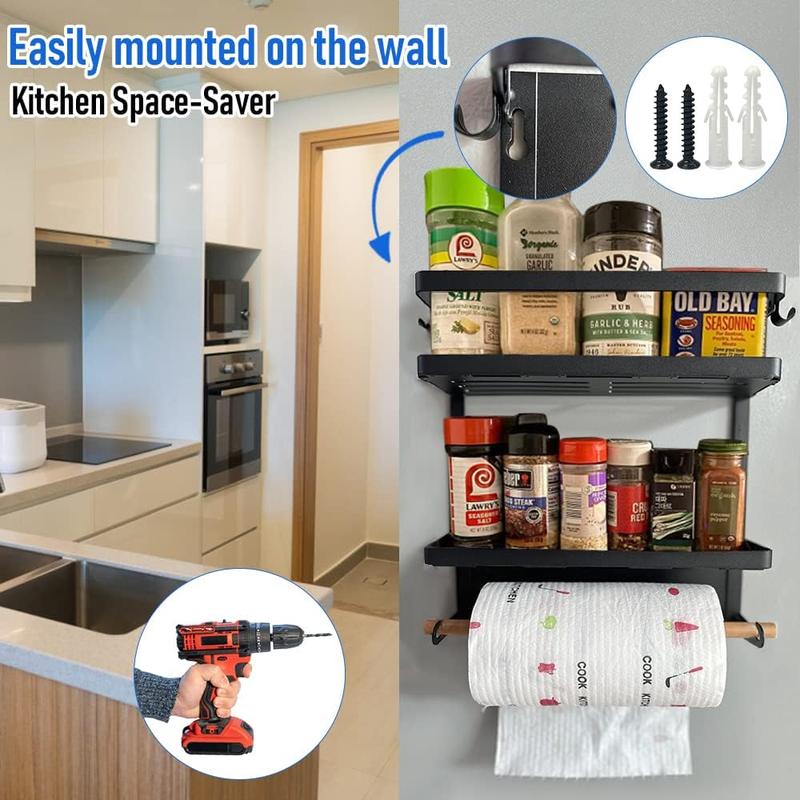 Magnetic Spice Rack for Refrigerator Magnetic Spice Rack with Paper Towel Holder with 2-Tier Shelf Spice Rack Strong Magnetic Backing with 3 Hooks for Kitchen Storage, Freezer,Grill Silver