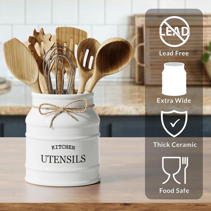 Ceramic Farmhouse Utensil Holder for Kitchen Counter Organiser Racks (White)