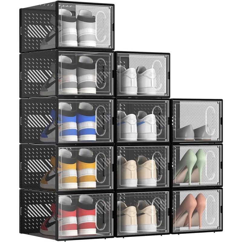 X-Large 12 Pack Shoe Storage Box with Magnetic Door, Fit up to Size 13, Clear Plastic Stackable Shoe Organizer for Closet, Connect Left and Right Shoe Containers Bins for Entryway, Under Bed x-large shoe shoe storage