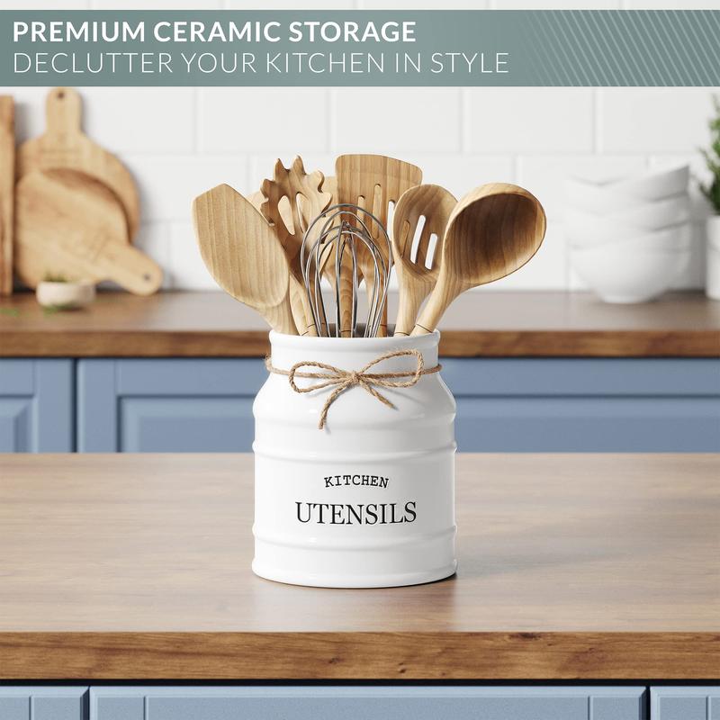 Ceramic Farmhouse Utensil Holder for Kitchen Counter Organiser Racks (White)