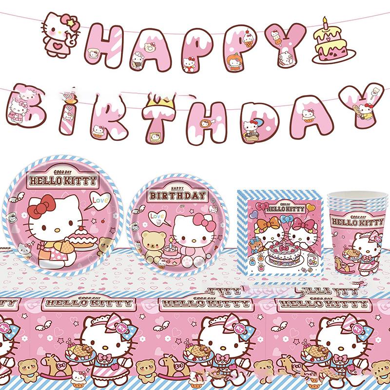 Cute Sanrio Hello Kitty Birthday Party Supply Cake Tablecloth Flag Decoration Disposable Tableware Kids Gifts Party