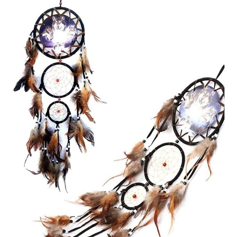 Handmade Wolf Dream Catcher Wind Chimes Indian Style Feather Pendant Ornament Car Hanging Dreamcatcher Gift turtle dreamcatcher Decor Decoration Wood Circle