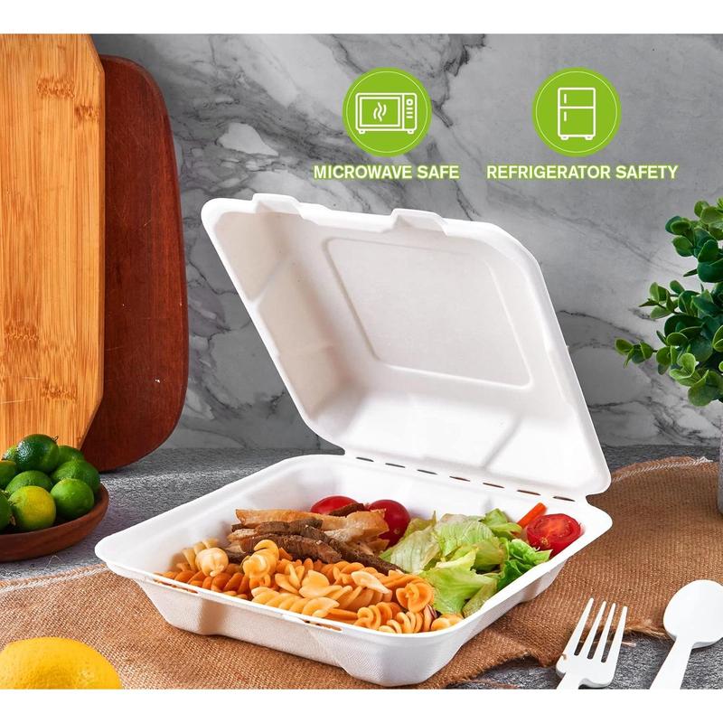 50 Pack Clamshell Take Out  Containers,  Compostable Disposable To Go Containers, 8X8 Heavy-Duty To Go Boxes,Disposable Tableware