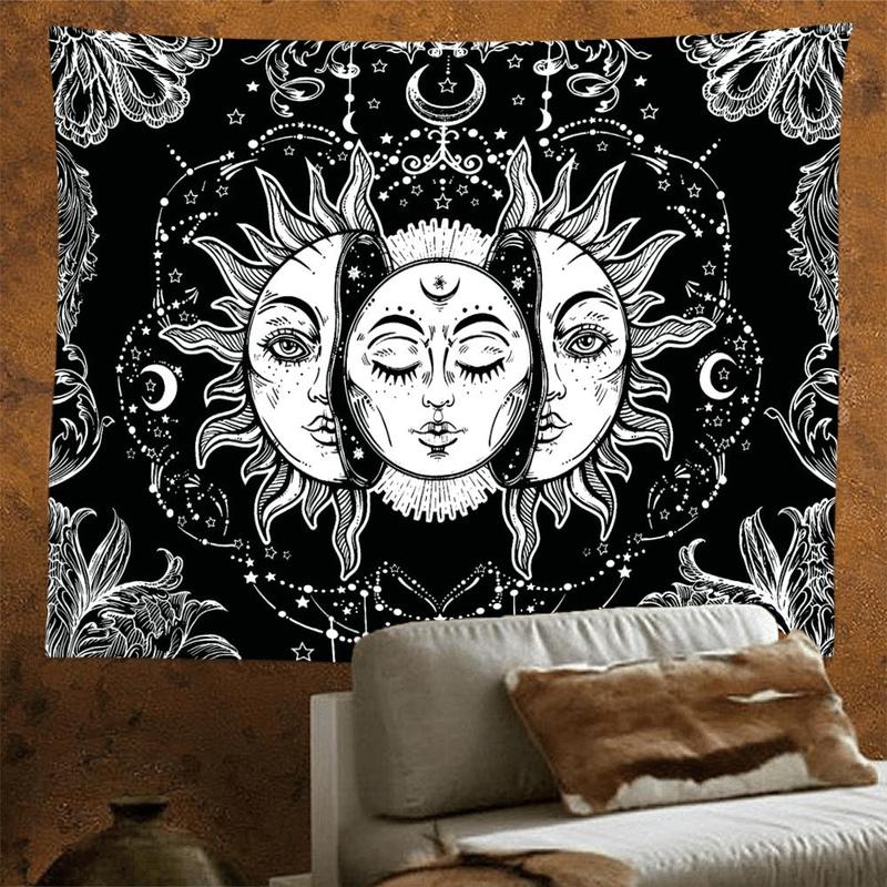 Bohemian Retro Sun Moon Tapestry, 1 Count Hippie Style Wall Hanging Blanket, Wall Hanging for Living Room Bedroom Office Decor