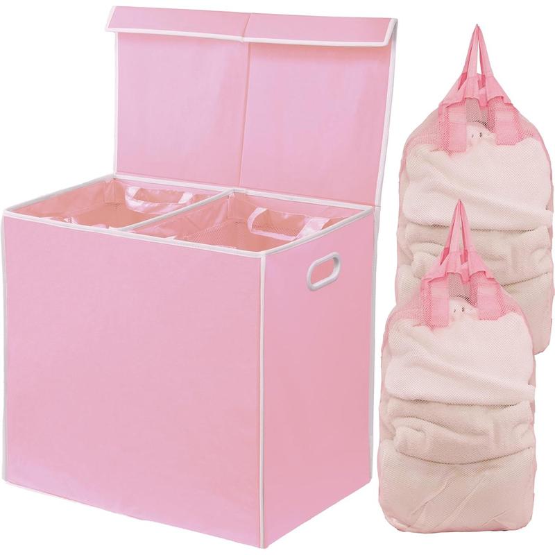 Double Laundry Hamper with Lid and Removable Bags, Pink