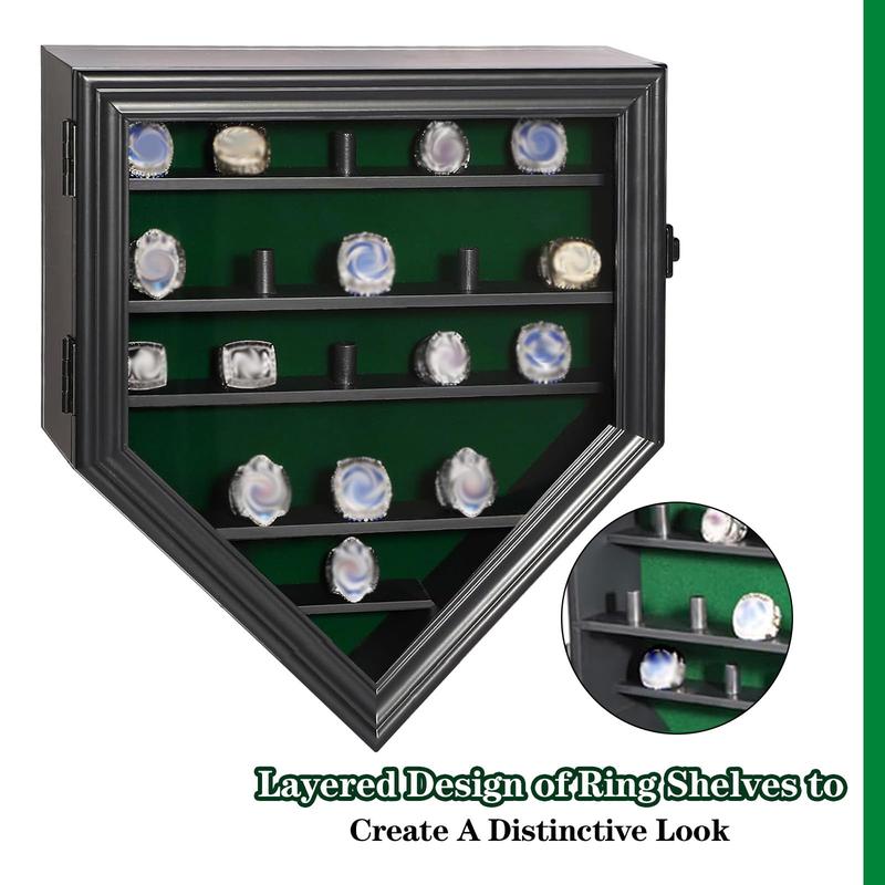 IHEIPYE Championship Ring Display Case,19 Slots Baseball Ring Display Holder Case Wall Mount Wooden Trophy Ring Organizer Box with Lockable Real Glass Door for Collection Sports Champion Rings ,Black