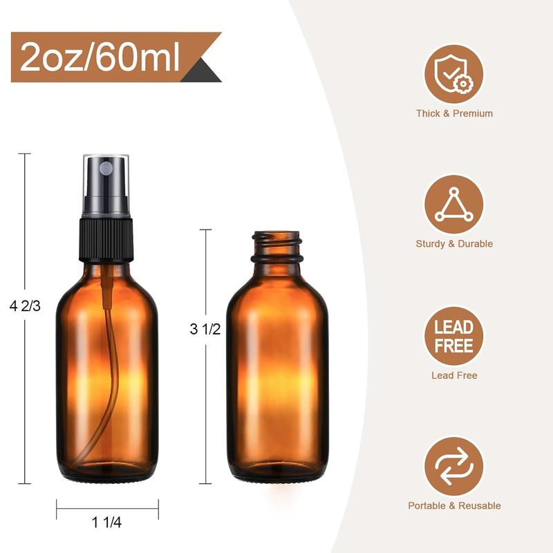 2 oz Amber Glass Spray Bottles for Essential Oils, Empty Small Fine Mist and Refillable Mister, Mini Travel Bottle for Cleaning Solutions and Skin Care, Glass dropper and funnel included. Plastic Set