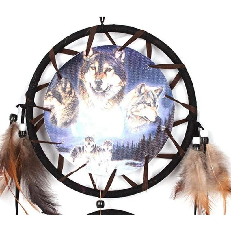 Handmade Wolf Dream Catcher Wind Chimes Indian Style Feather Pendant Ornament Car Hanging Dreamcatcher Gift turtle dreamcatcher Decor Decoration Wood Circle