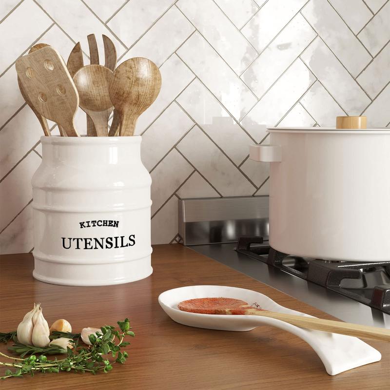 Ceramic Farmhouse Utensil Holder for Kitchen Counter Organiser Racks (White)