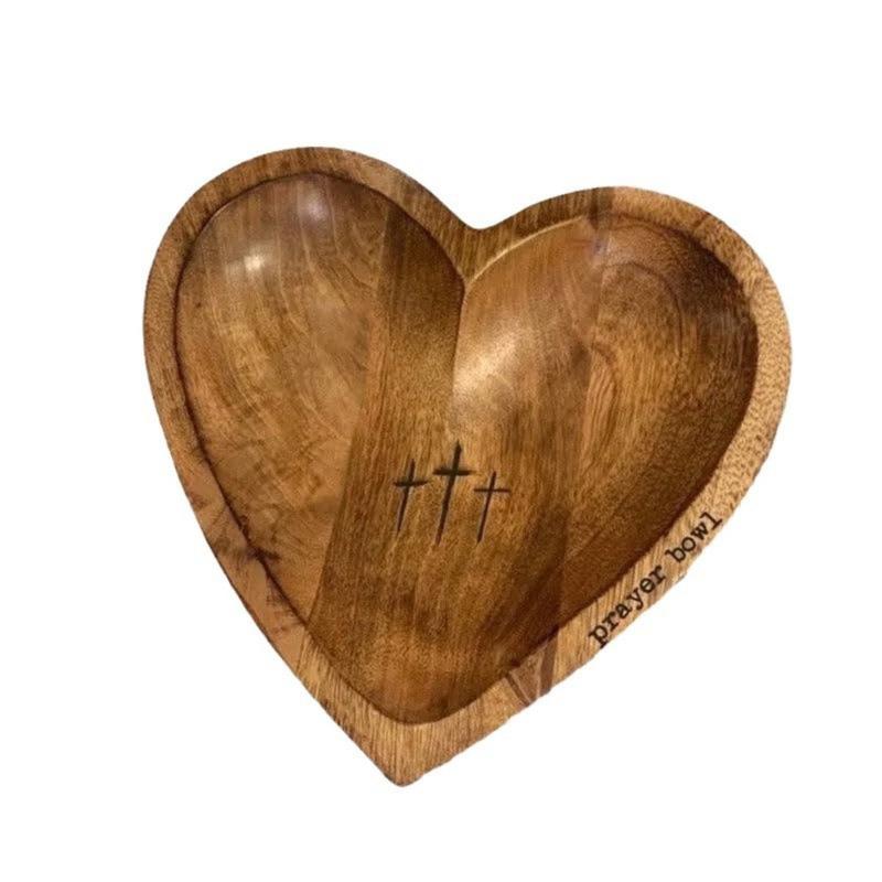 Wooden Prayer Bowl, 1 Count Vintage Heart Shaped Prayer Bowl with Cross & Letter Pattern, Religious Decoration for Home Living Room Bedroom