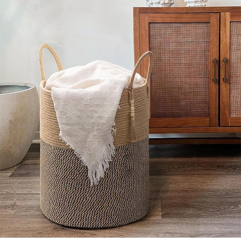 Boho Style Woven Clothes Storage Basket, 1 Count Large Capacity Storage Basket with Handle, Storage Organizer, Home Organizer for Living Room, Bedroom, Laundry Room