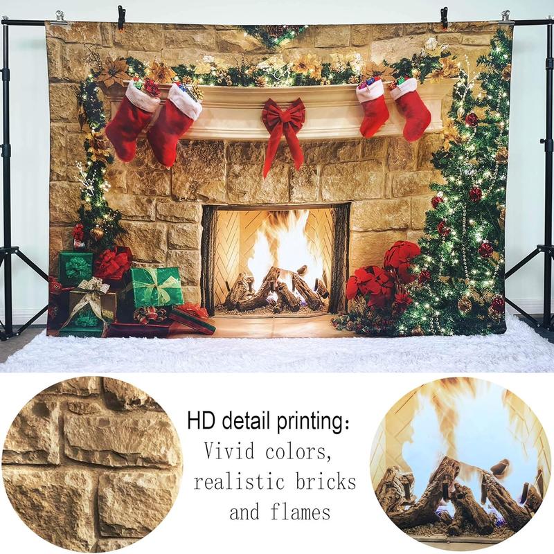 7x5ft Christmas Fireplace Theme Backdrop for Photography Tree Sock Decorations for Xmas Party Supplies Photo Background Pictures Banner Studio Decor Booth Props