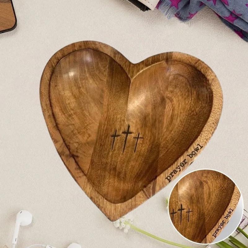 Wooden Prayer Bowl, 1 Count Vintage Heart Shaped Prayer Bowl with Cross & Letter Pattern, Religious Decoration for Home Living Room Bedroom