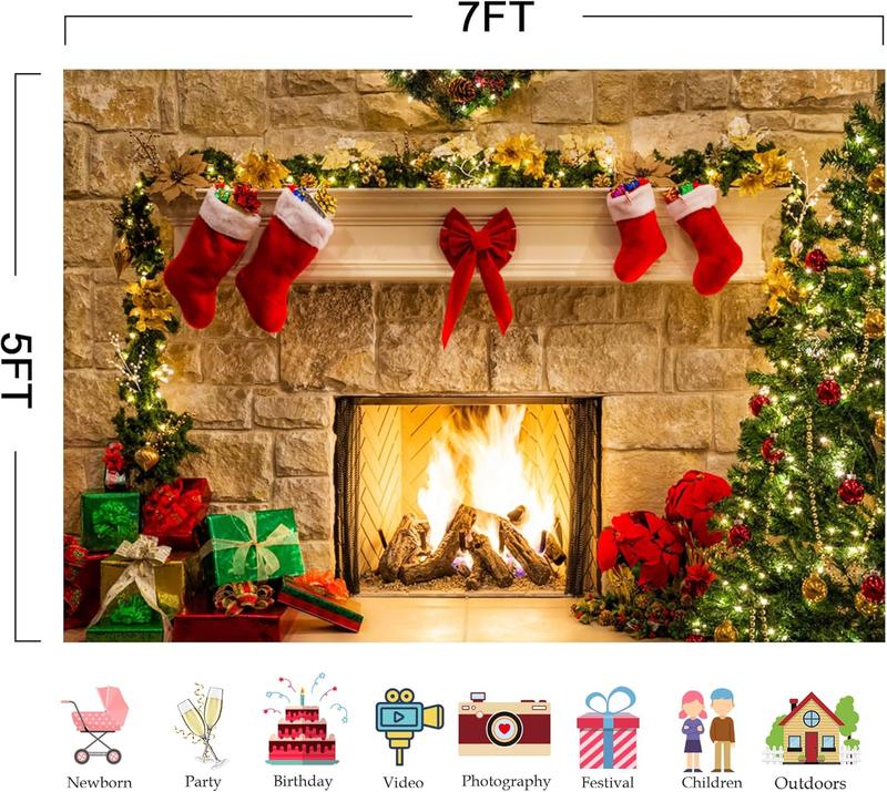 7x5ft Christmas Fireplace Theme Backdrop for Photography Tree Sock Decorations for Xmas Party Supplies Photo Background Pictures Banner Studio Decor Booth Props