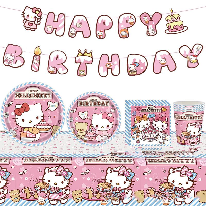 Cute Sanrio Hello Kitty Birthday Party Supply Cake Tablecloth Flag Decoration Disposable Tableware Kids Gifts Party