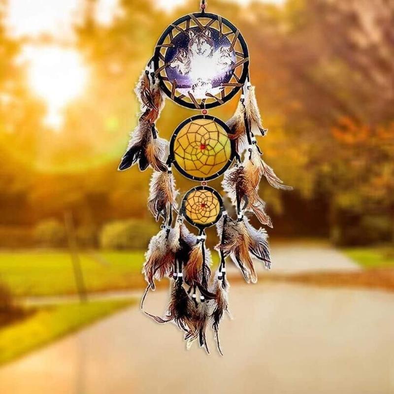 Handmade Wolf Dream Catcher Wind Chimes Indian Style Feather Pendant Ornament Car Hanging Dreamcatcher Gift turtle dreamcatcher Decor Decoration Wood Circle