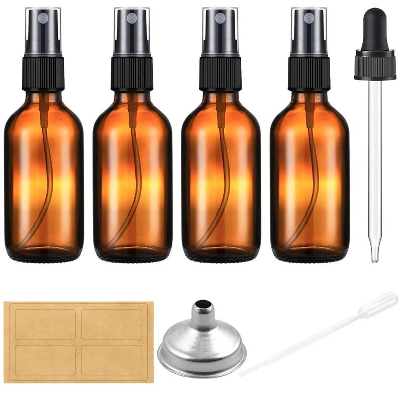 2 oz Amber Glass Spray Bottles for Essential Oils, Empty Small Fine Mist and Refillable Mister, Mini Travel Bottle for Cleaning Solutions and Skin Care, Glass dropper and funnel included. Plastic Set