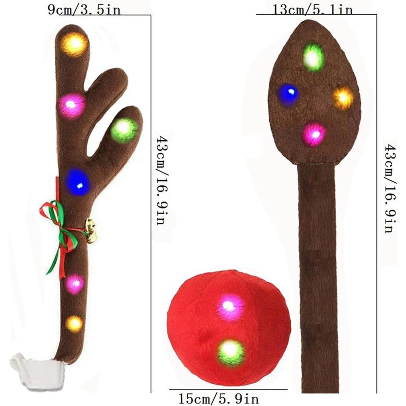 Christmas Car Reindeer Antlers Decoration Kit with LED Lights, Vehicle Xmas Decorations Auto Decoration Reindeer Kit with Jingle Bells Rudolph Reindeer, Red Nose, Tail Suitable for Any Cars