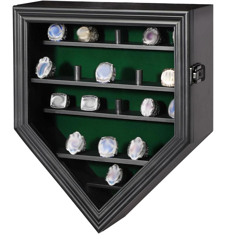 IHEIPYE Championship Ring Display Case,19 Slots Baseball Ring Display Holder Case Wall Mount Wooden Trophy Ring Organizer Box with Lockable Real Glass Door for Collection Sports Champion Rings ,Black