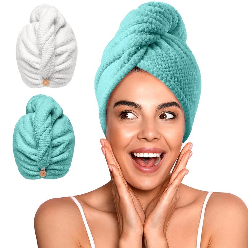 2 Pack Large Microfiber Hair Towel Wrap for Women, Thicken Super Absorbent Quick Dry Hair Turban for Drying Curly Long Thick Hair Anti Frizz, Hair Drying Towel with Button for Wet Hair