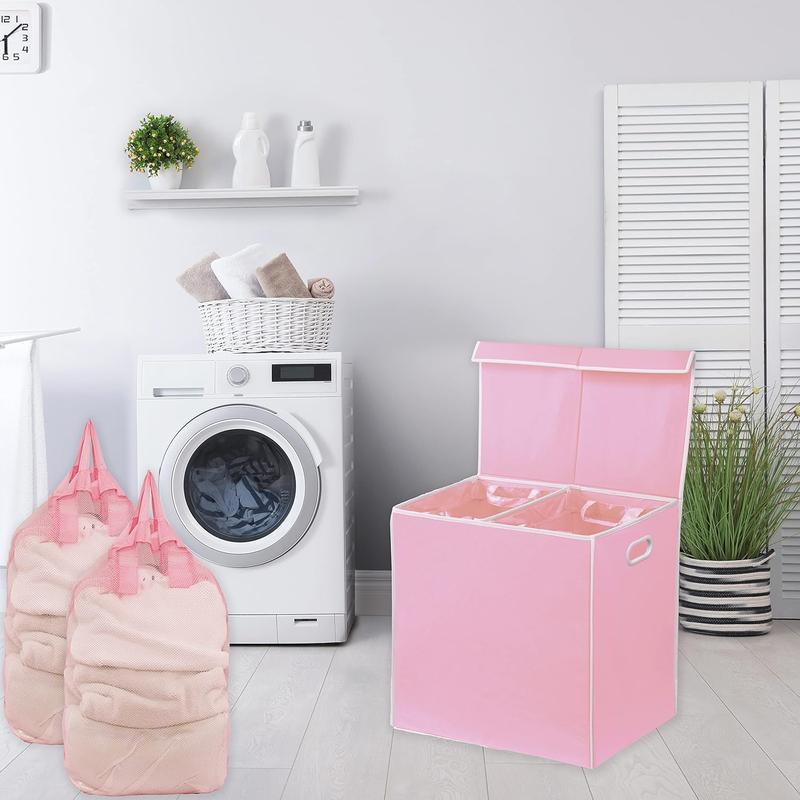 Double Laundry Hamper with Lid and Removable Bags, Pink