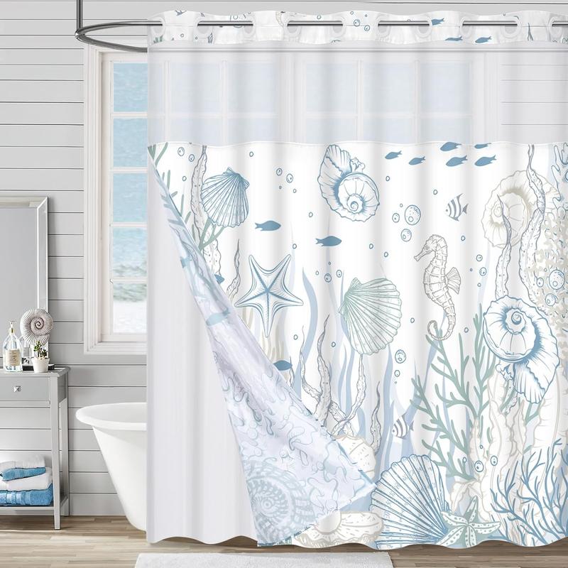 No Hook Shower Curtain with Snap in Liner Seashell Beach Shower Curtain Fabric Waterproof Inner Liner Themed Shower Curtains for Bathroom Decor shower curtain