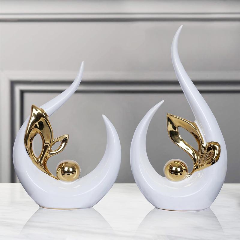 2 PCS White Gold Home Decor Accent Ceramic Statue Abstract Sculptures Centerpieces Mid Century Modern Decor for Tables Coffee Table top Decorations for Living Room Desktop Shelf Dining Room Kitchen