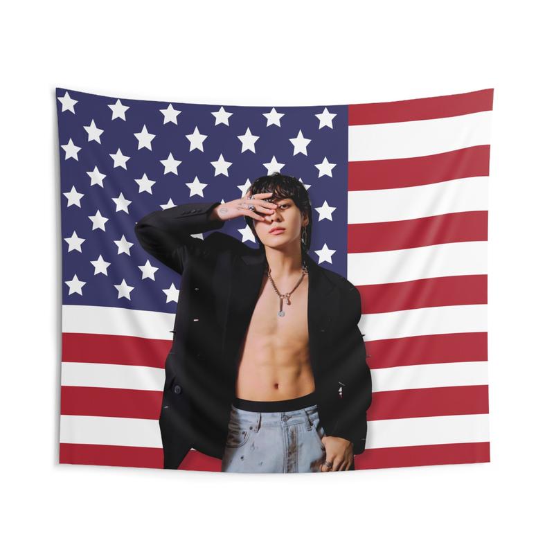 Bts Jungkook Seven America Flag Banner, Jungkook Seven Kpop Flag, Jungkook Golden Merch, Gift Ideas for ARMY, Birthday Gift & Concert Merch 3x5ft Celebrity USA Flag Tapestry for Wall hanging, College Dorm, Living Room, Bed Room, Home Decor