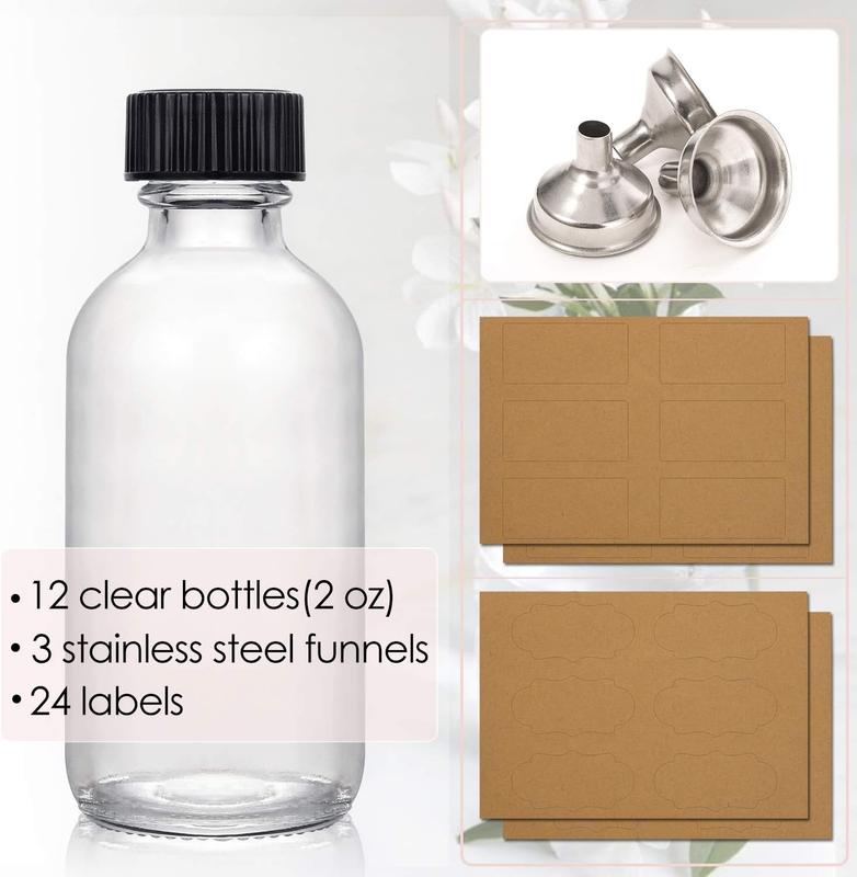 12 Pack, 2 oz Small Clear Glass Bottles with Lids & 3 Stainless Steel Funnels - 60ml Wellness, Ginger Shots, Whiskey, Liquids Plastic Round