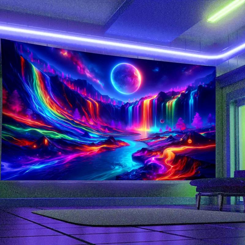 Colorful Waterfall Pattern Tapestry, UV Reactive Tapestry, Natural Landscape Wall Hanging, Wall Art for Home Living Room Bedroom Office