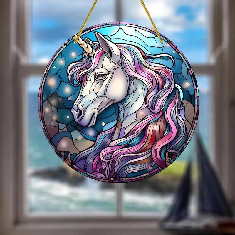 Colorful Unicorn Pattern Hanging Ornament, Round Acrylic Hanging Decoration, Hanging Pendant for Home Garden Party