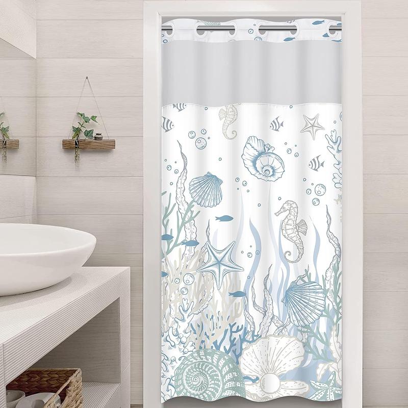 No Hook Shower Curtain with Snap in Liner Seashell Beach Shower Curtain Fabric Waterproof Inner Liner Themed Shower Curtains for Bathroom Decor shower curtain