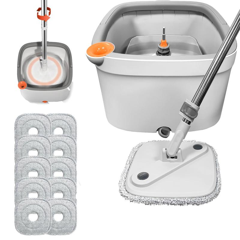 Spin Mop & Bucket Set Light Gray 10Pcs with Self-Separating Dirty Water & Clean Water System, Self-Drying 360° Spin Square Mop Head for Hardwood Tile Marble Floors,Cleaning Mop after the party,adjustable hand tool,Mother's Day Gift