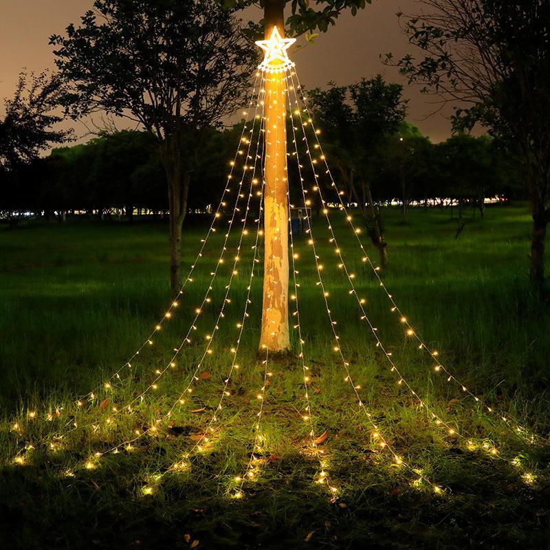 Solar Powered Star Shaped Waterfall Light, LED Solar Star Waterfall Ornaments Light, Garden Decoration Light, Hanging Christmas Tree Garden Decoration Light