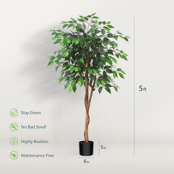 5ft Artificial Ficus Tree in Black Plastic Pot for Living Room and Office Decor Decorative Fruit Plant Centerpiece Silk Wooden Ornaments