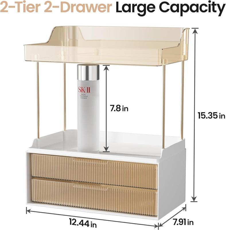 DELAMU 2-Tier 2-Drawer Exquisite Vanity Organizer, Multi-Purpose Makeup Organizer Countertop, Large Skincare Organizers, Bathroom Organizer Countertop organizing  rack