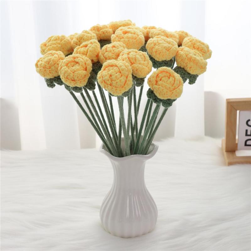 Artificial Flower Bouquet without Vase, 10pcs Handmade Crochet Rose Bouquet, Decorative Flower for Home Living Room Bedroom Dining Room Wedding Party