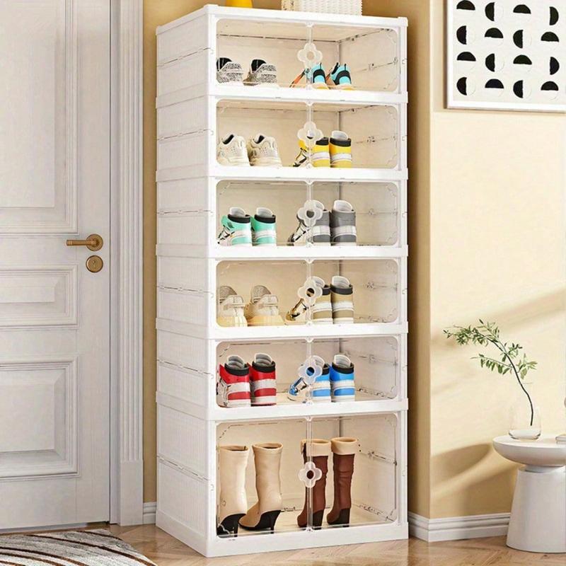 LDECO Foldable Shoe Rack Organizer For Closet Collapsible Shoes Storage Box Clear Shoe Boxes Stackable With Door Easy Assembly Shoe Cabinet Sneaker Light Case