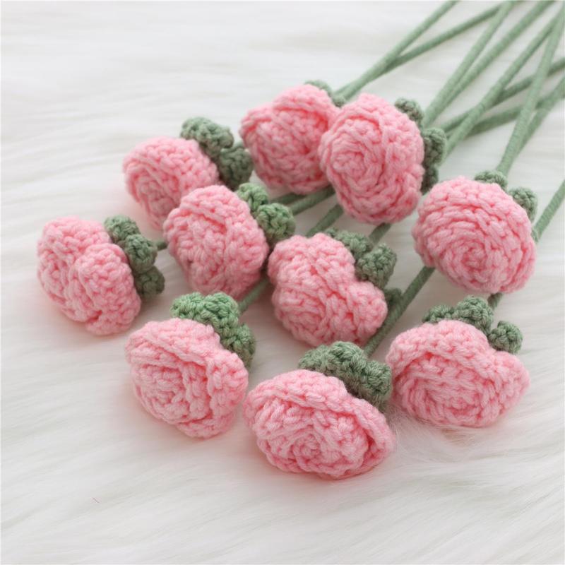 Artificial Flower Bouquet without Vase, 10pcs Handmade Crochet Rose Bouquet, Decorative Flower for Home Living Room Bedroom Dining Room Wedding Party