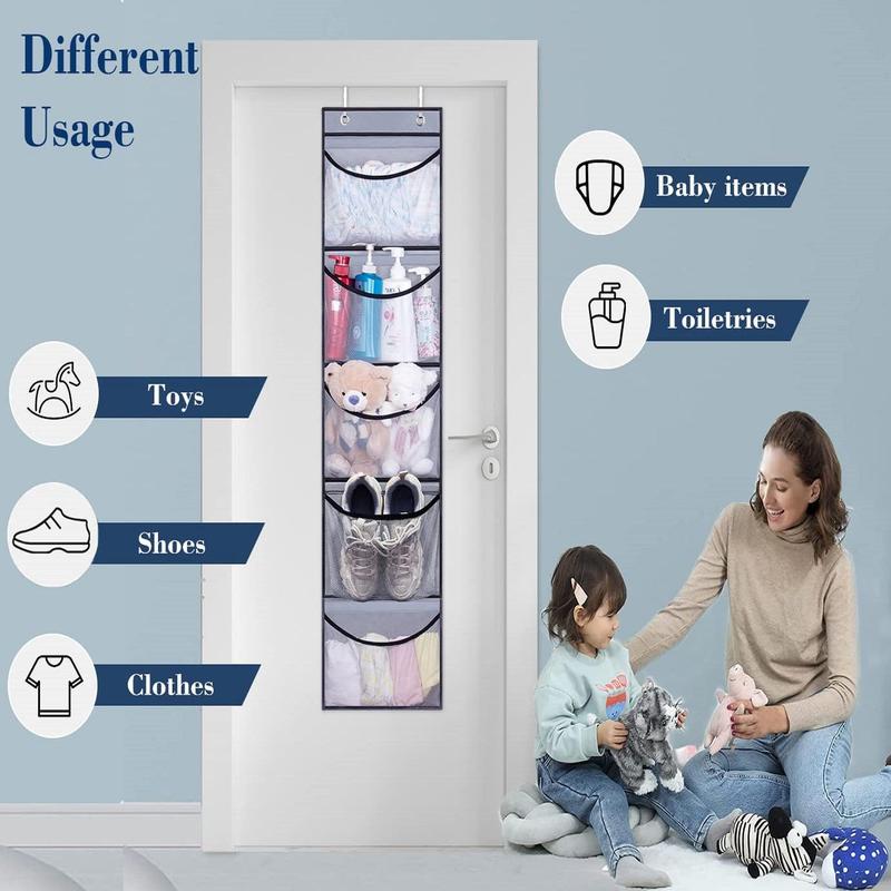 Over The Door Hanging Storage Bag, 2 Counts Foldable Hanging Closet Storage Bag with 5 Large Pockets, Hanging Diaper Caddy Organizer