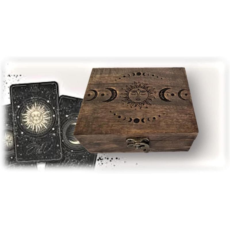 Engraved Wooden Tarot Box for Cards Crystal Holder | Sun and Moon Fortune Telling Astrology Trinket Keepsake Box. Fengshui Luck Talisman Decorative Gift Case Holder