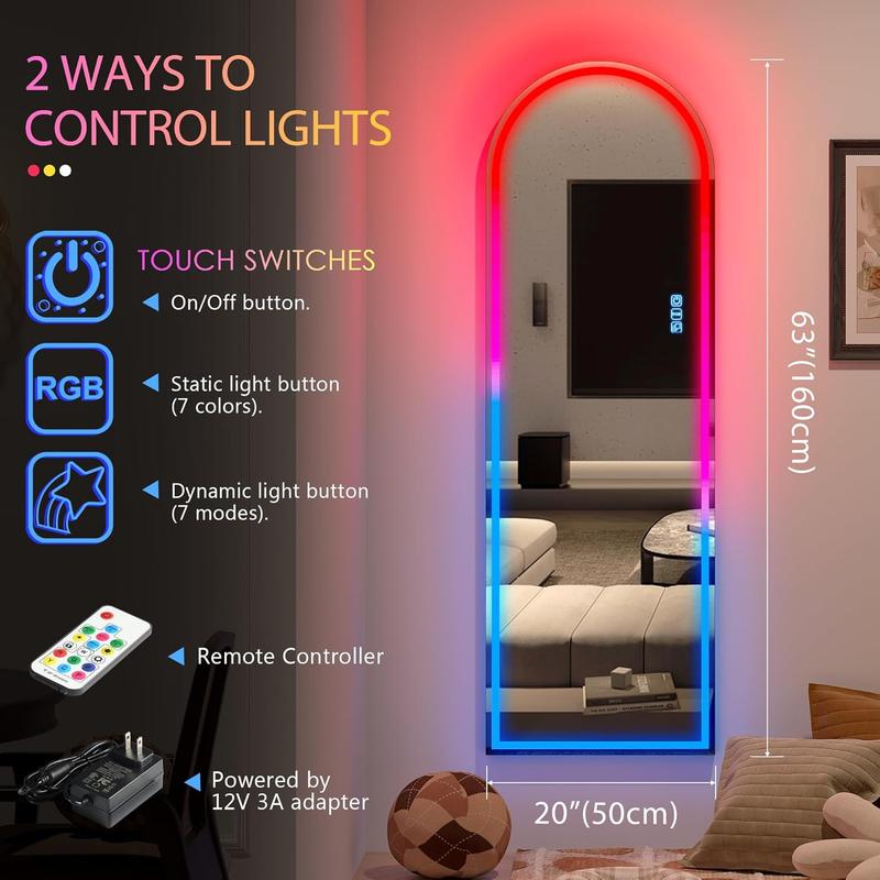 LVSOMT Arch Full Length Mirror with RGB LED Lights, Wall Mounted Floor Standing Full Body Mirror, Arched Light Up Mirror, Stand Up Lighted Mirror for Bedroom, Living Room