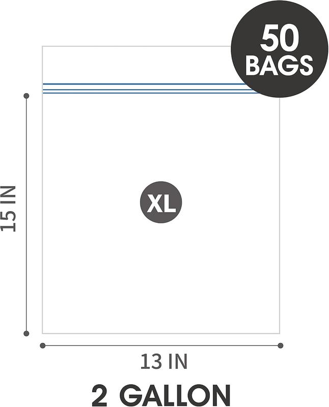 24 7 Bags 2 Gallon Zip Storage Bags - 50 Count, Double Zipper Seal - Organiser