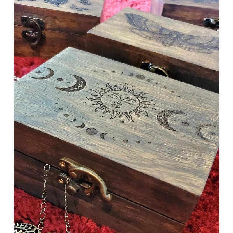 Engraved Wooden Tarot Box for Cards Crystal Holder | Sun and Moon Fortune Telling Astrology Trinket Keepsake Box. Fengshui Luck Talisman Decorative Gift Case Holder