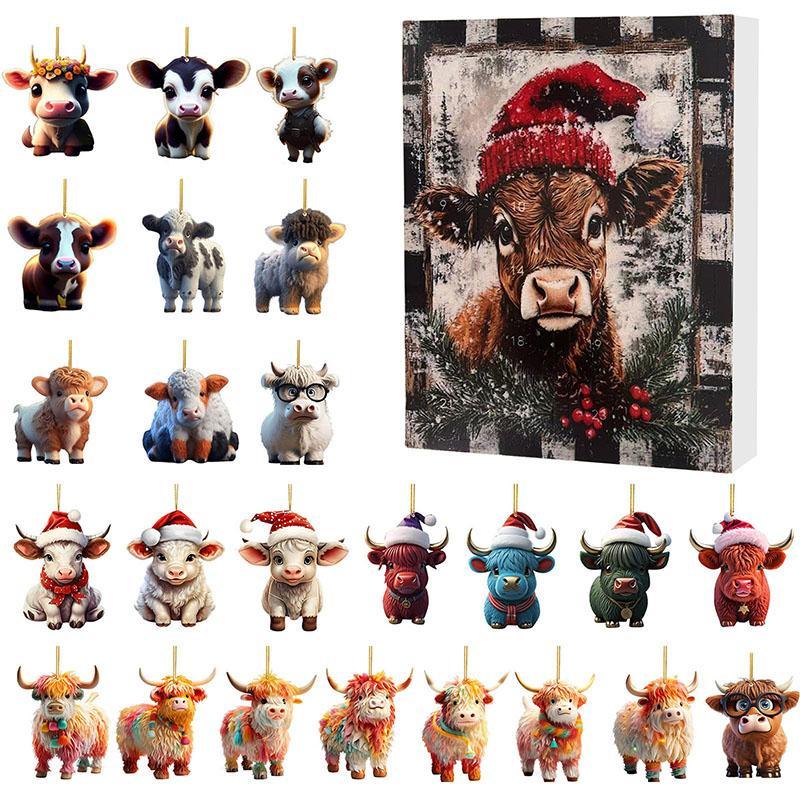 Christmas Calendar Blind Box, 24pcs set Cute 2D Cow Pattern Acrylic Pendant with Gift Box, Holiday Party Decoration for Home Office