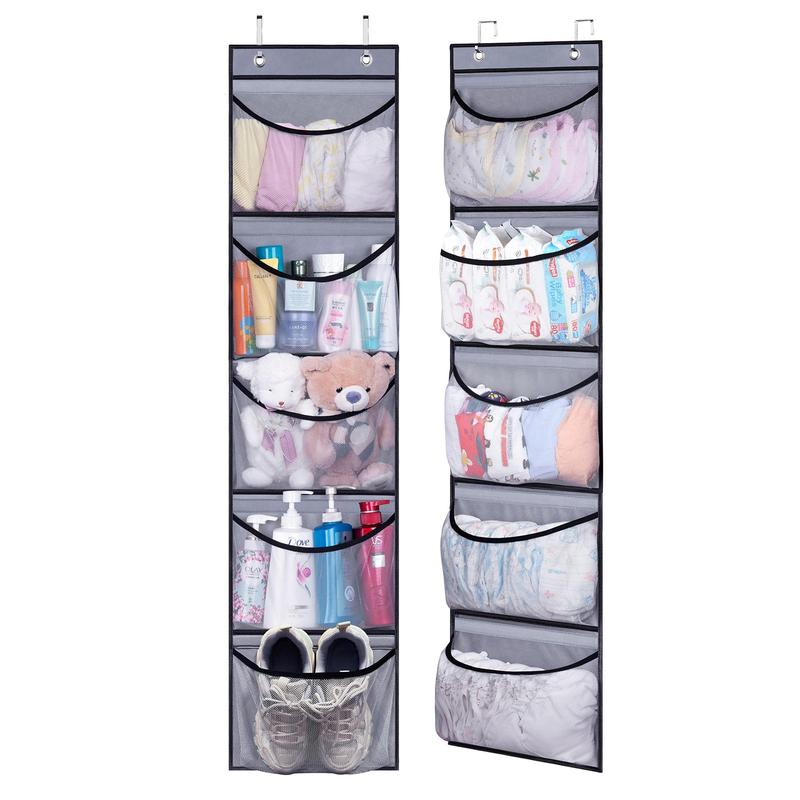 Over The Door Hanging Storage Bag, 2 Counts Foldable Hanging Closet Storage Bag with 5 Large Pockets, Hanging Diaper Caddy Organizer