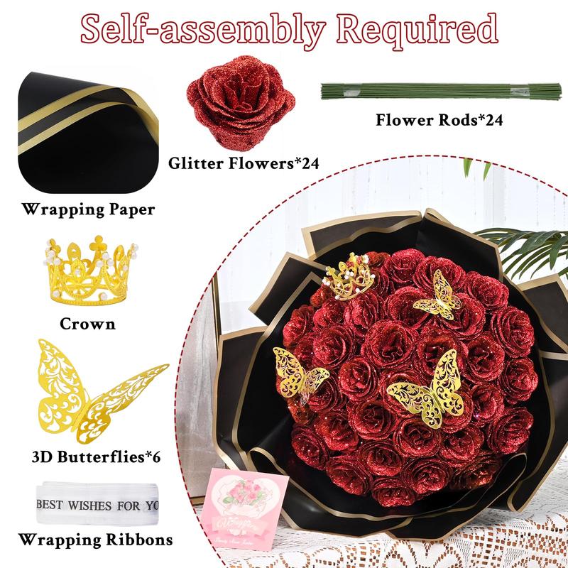 Gorgeous Glitter Roses Bouquet - DIY Artificial Shiny Red Roses, Perfect for Anniversary, Engagement & Wedding, Everlasting Glamour Unveiled