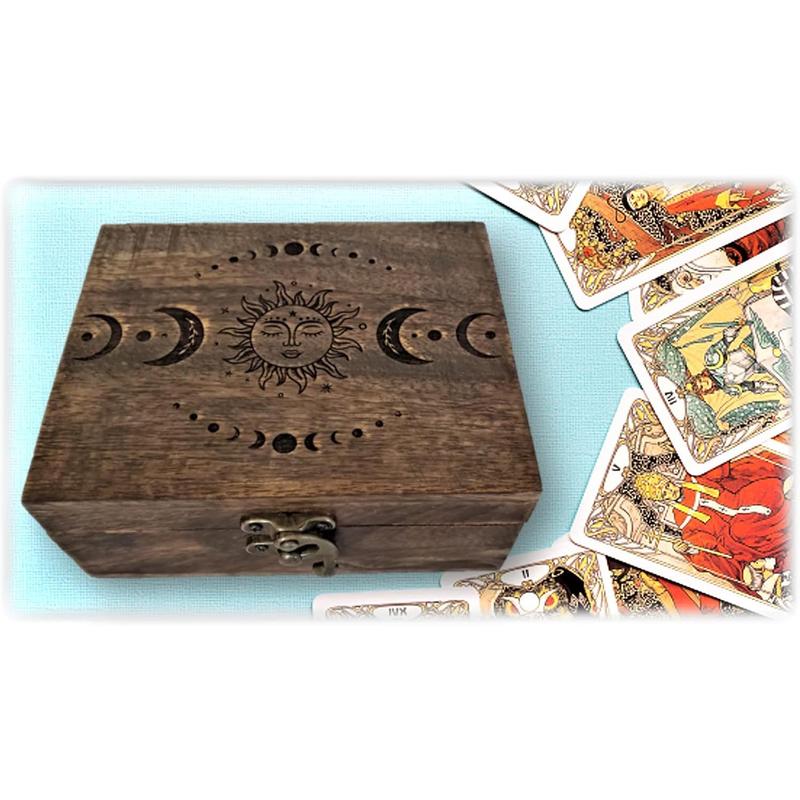 Engraved Wooden Tarot Box for Cards Crystal Holder | Sun and Moon Fortune Telling Astrology Trinket Keepsake Box. Fengshui Luck Talisman Decorative Gift Case Holder